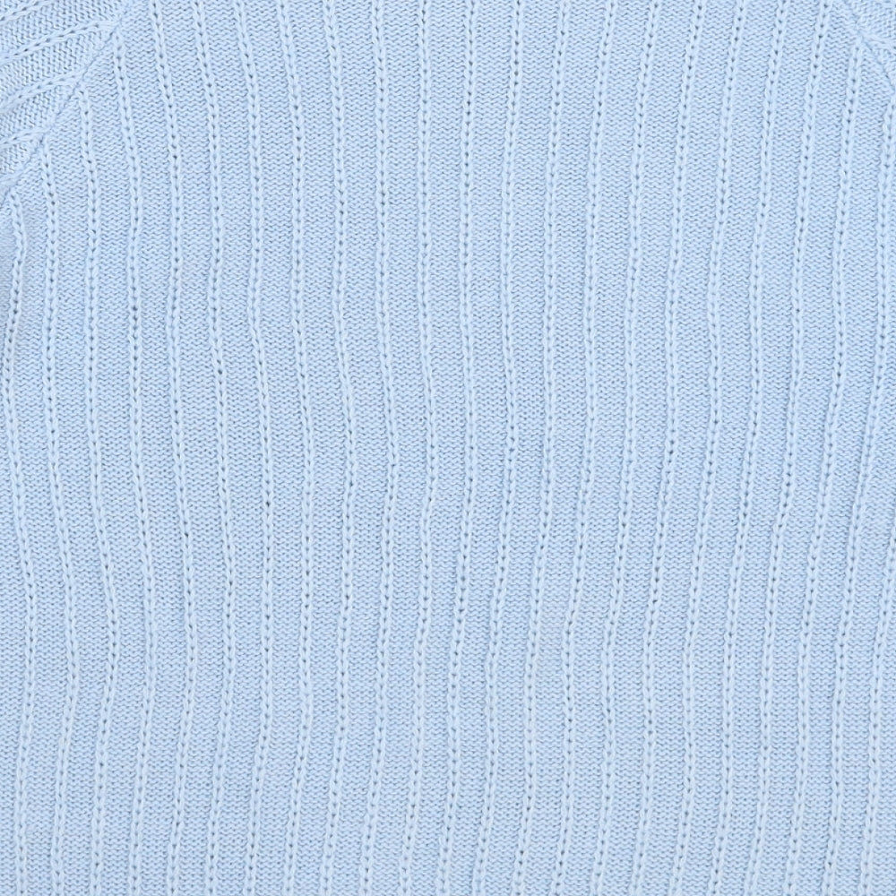 Brand and care label for TRU women’s blue knit jumper, size L