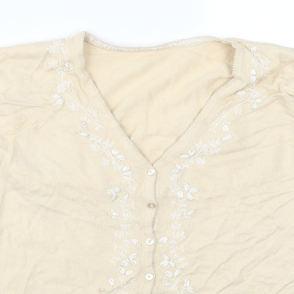 BHS Womens Beige   Cardigan Jumper Size 14  - Embroidered Flowers