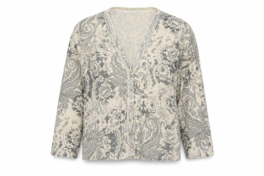 Front view of AMARANTO women’s beige paisley knit cardigan jumper, size UK 14