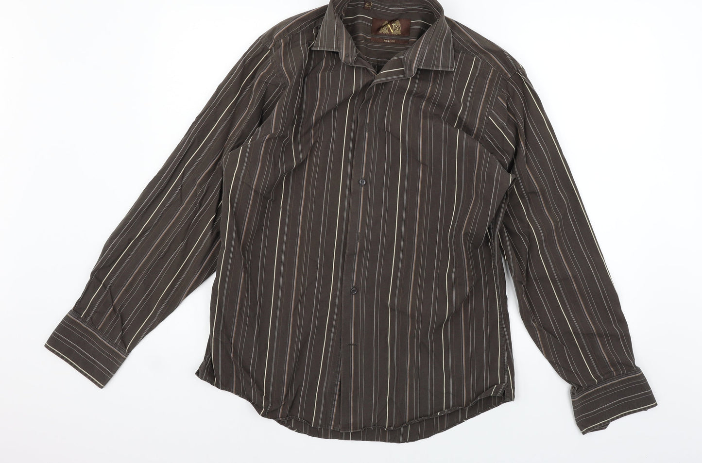 Mens UK Size 16 NEXT Brown  Button-Up Long Sleeve Casual Shirt