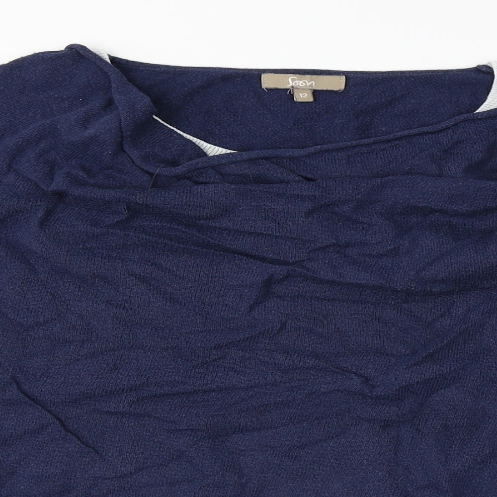 Close-up detail of Soon women’s blue jumper, size UK 12