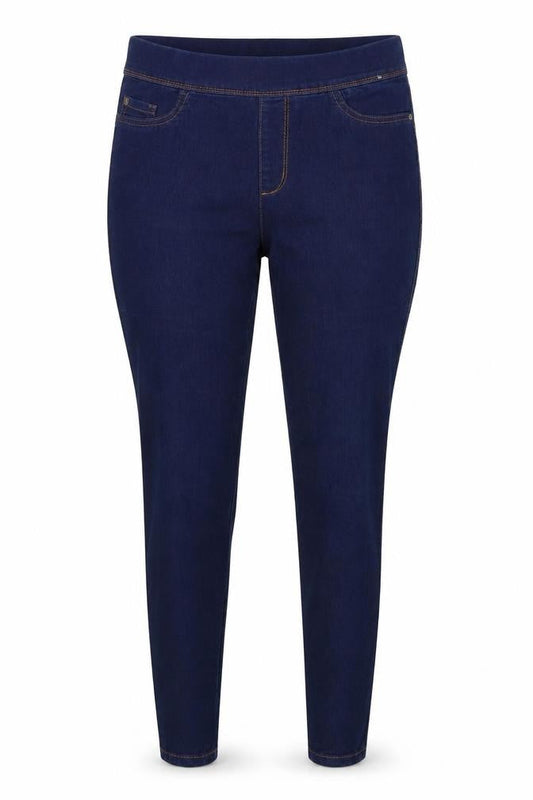 Front view of Denim & Co. women’s beige denim jegging jeans, size UK 12, 28-inch leg