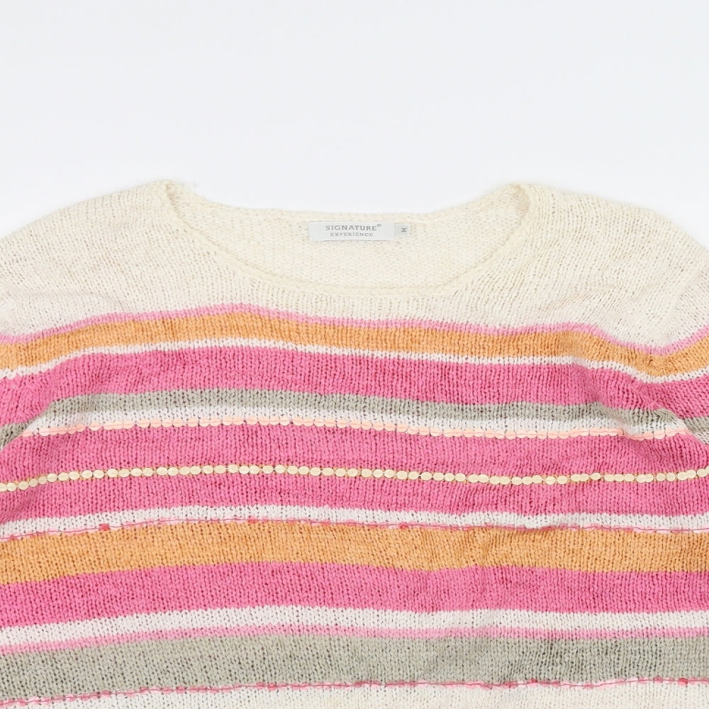 Signature Womens White Striped Knit Pullover Jumper Size M