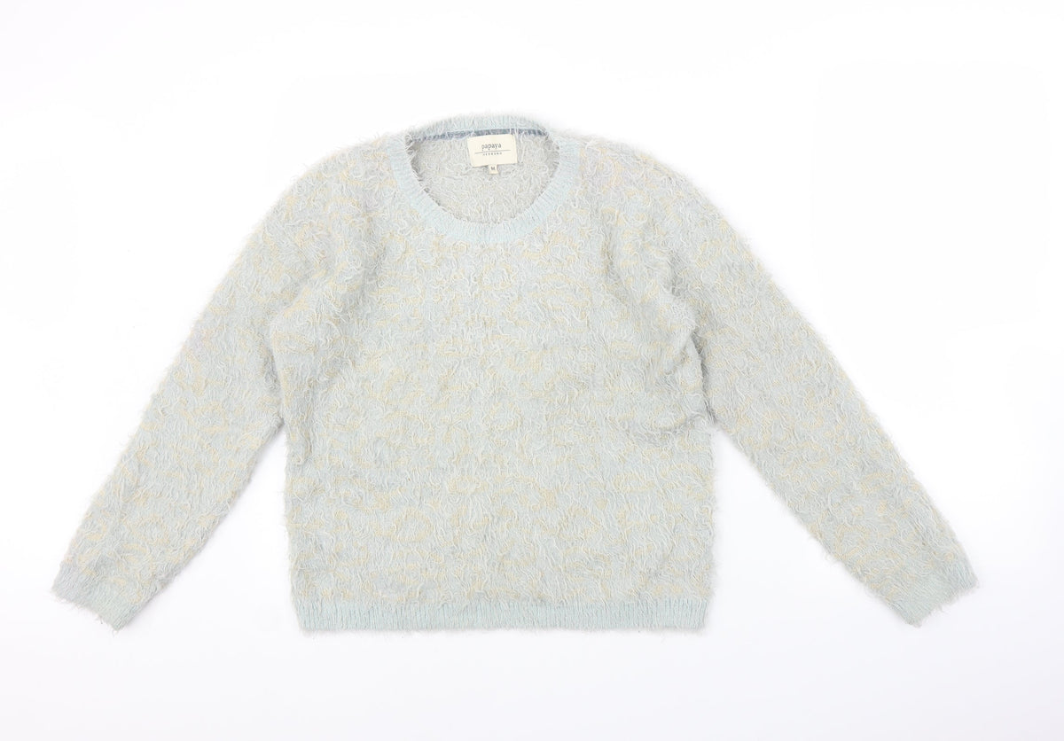 Front view of Papaya women’s blue jumper, size M