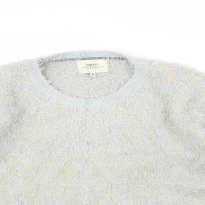 Close-up detail of Papaya women’s blue jumper, size M