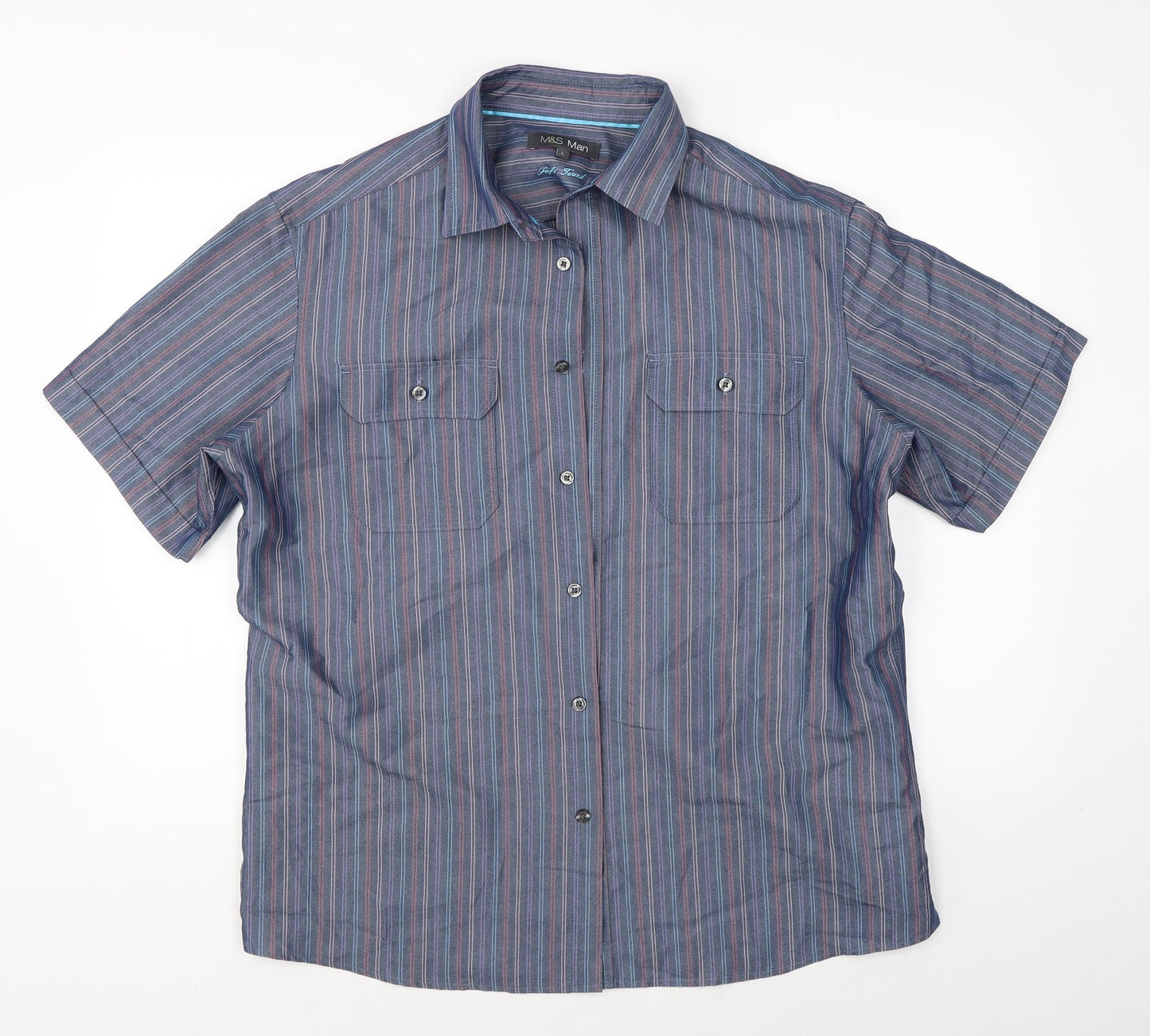 Mens UK Size L Marks & Spencer Blue  Button-Up Short Sleeve Casual Shirt