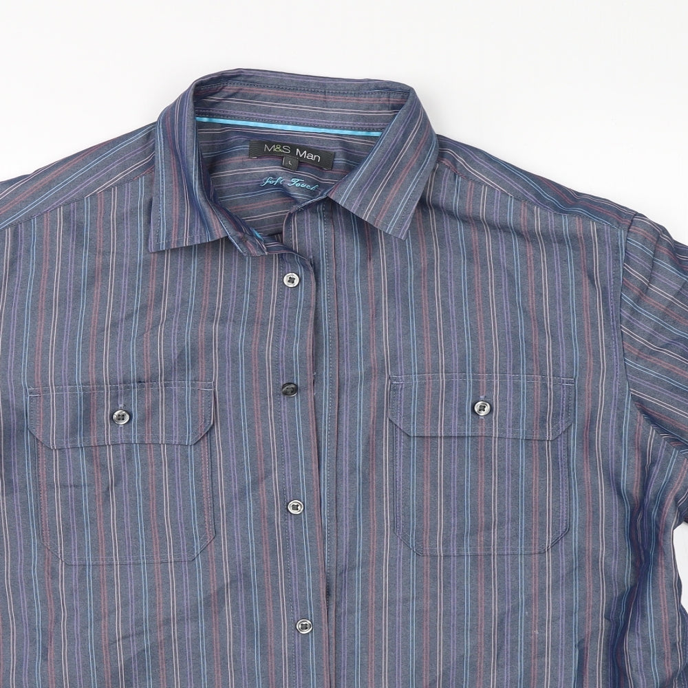 Mens UK Size L Marks & Spencer Blue  Button-Up Short Sleeve Casual Shirt