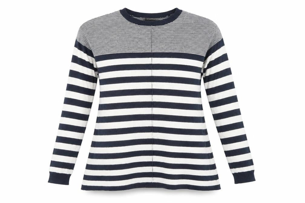 Front view of Atmosphere women’s blue striped jumper, size UK 8