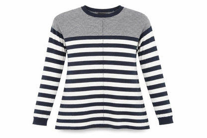 Front view of Atmosphere women’s blue striped jumper, size UK 8