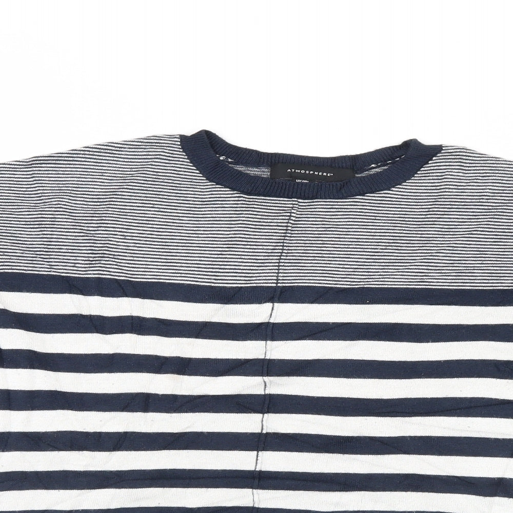 Close-up detail of Atmosphere women’s blue striped jumper, size UK 8