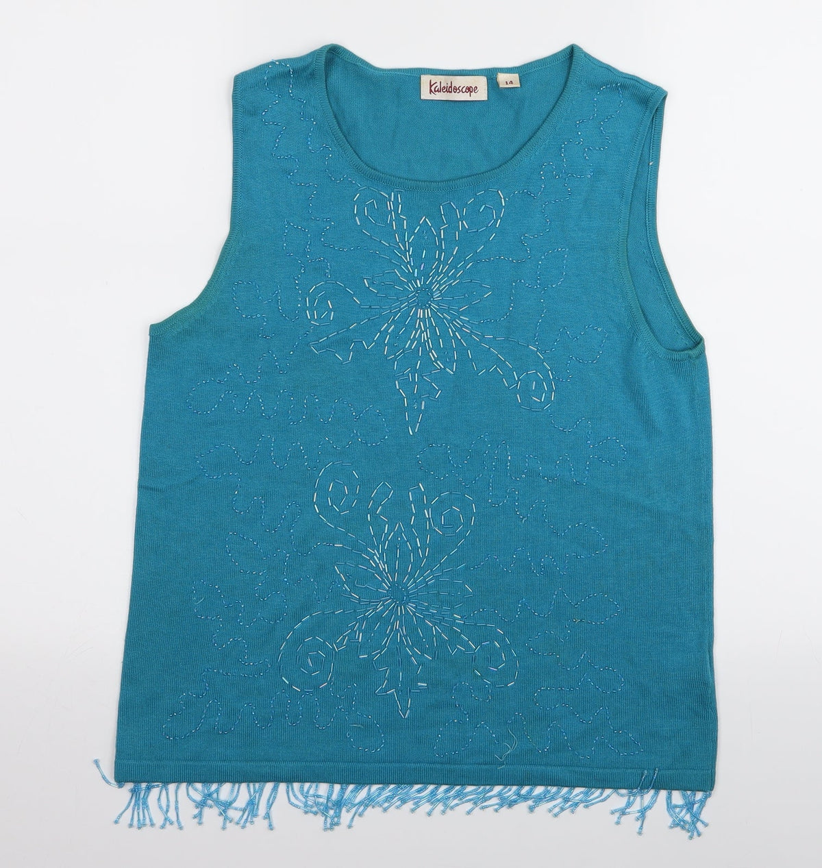 Additional front view of Kaleidescope women’s blue floral basic tank, size UK 14