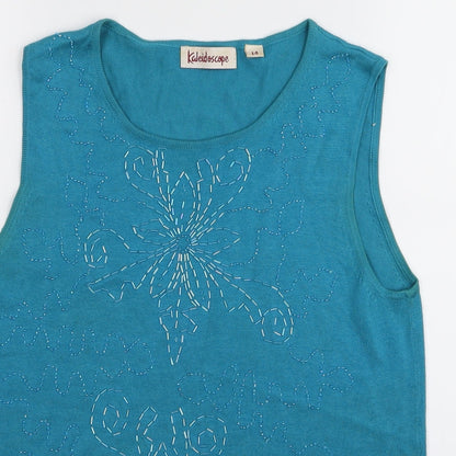Close-up detail of Kaleidescope women’s blue floral basic tank, size UK 14