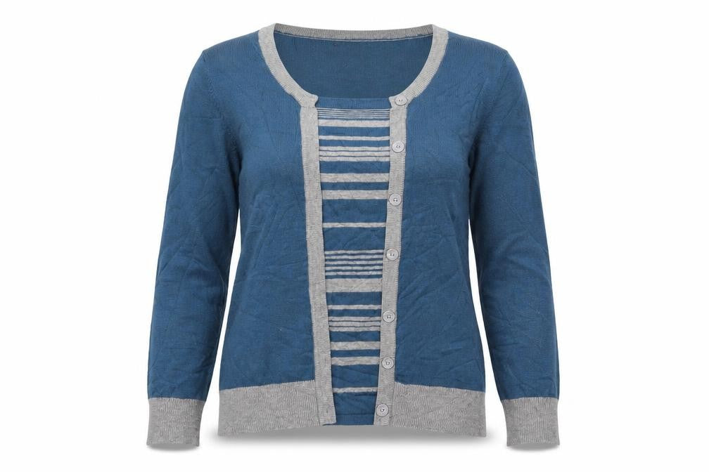Front view of alexara women’s blue jumper, size M, - jumper with over cardigan detail