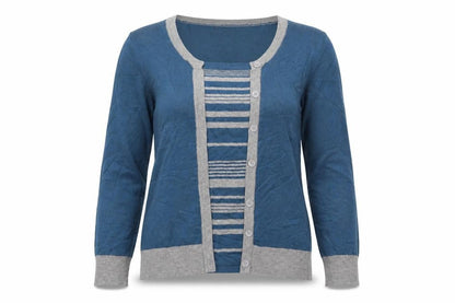 Front view of alexara women’s blue jumper, size M, - jumper with over cardigan detail