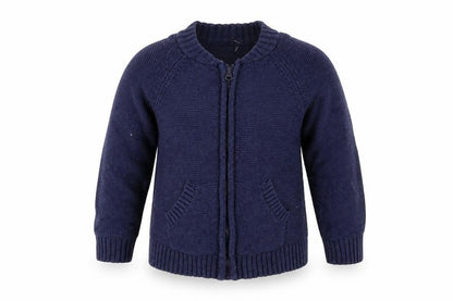 Front view of Mini Club boys’ blue knit full zip jumper, size 18-24, months