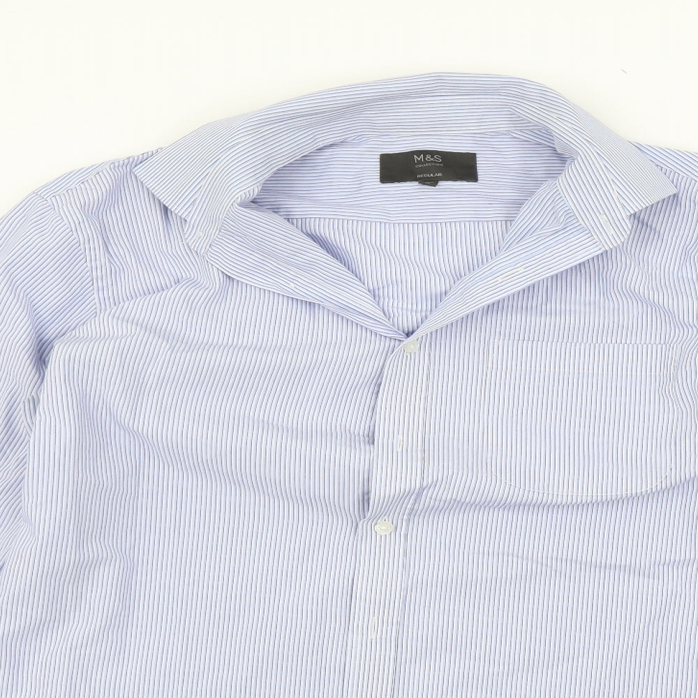 Mens UK Size 16 Marks and Spencer Blue  Button-Up Long Sleeve Casual Shirt