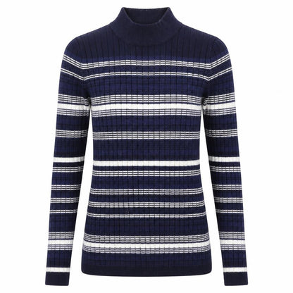 Front view of Atmosphere women’s blue striped jumper, size UK 12