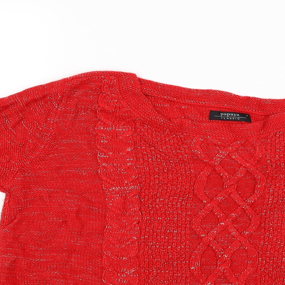 Close-up detail of Papaya women’s red jumper, size UK 16