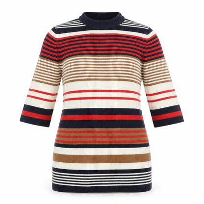 Front view of Miss Selfridge women’s multicoloured striped jumper, size UK 12