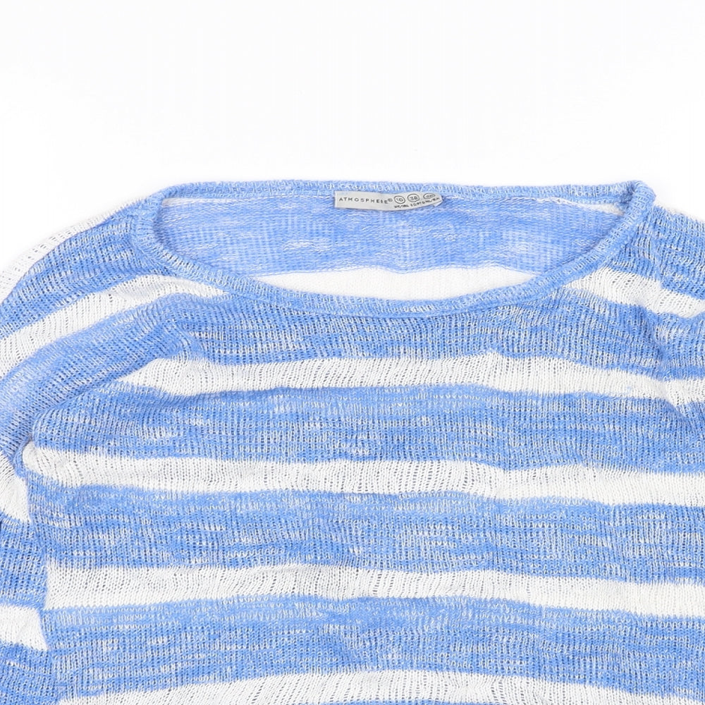 Close-up detail of Atmosphere women’s white striped jumper, size UK 10