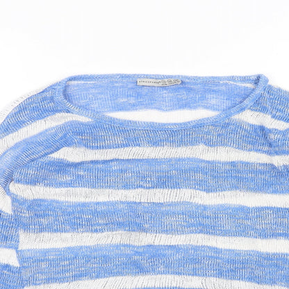 Close-up detail of Atmosphere women’s white striped jumper, size UK 10