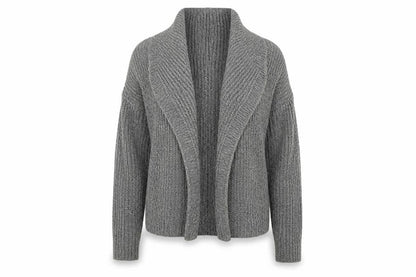 Front view of E-vie women’s grey knit cardigan jumper, size UK 14