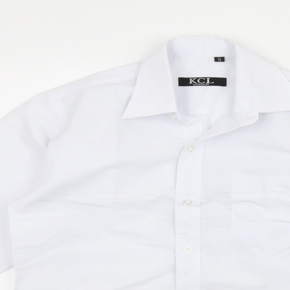 Close-up detail of KCL London girls’ white basic button-up, size 11-12, years