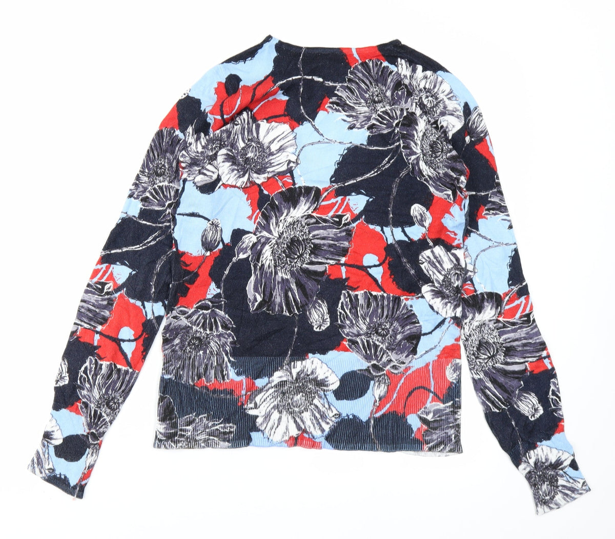 Back view of Linea women’s blue floral jumper, size UK 10