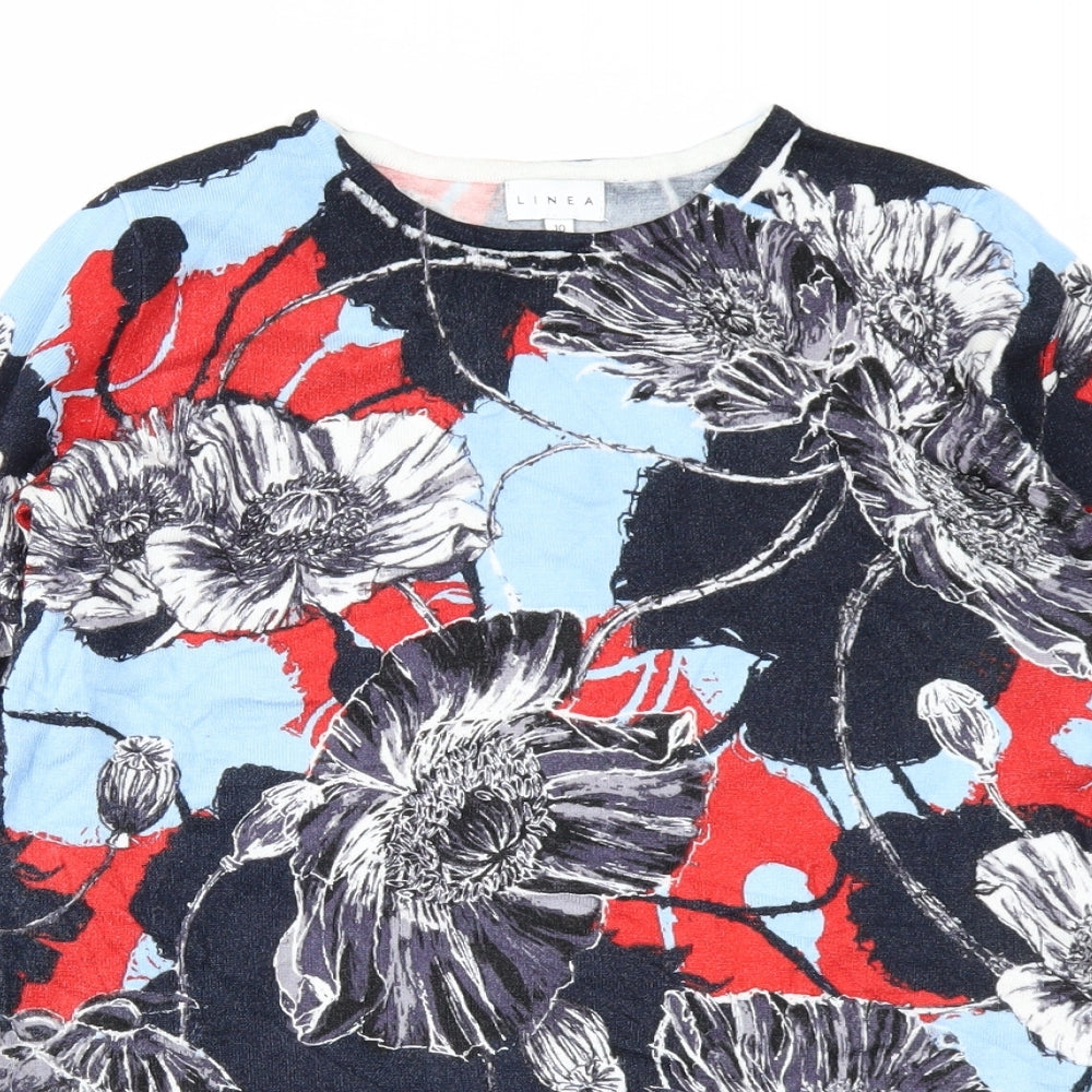 Close-up detail of Linea women’s blue floral jumper, size UK 10