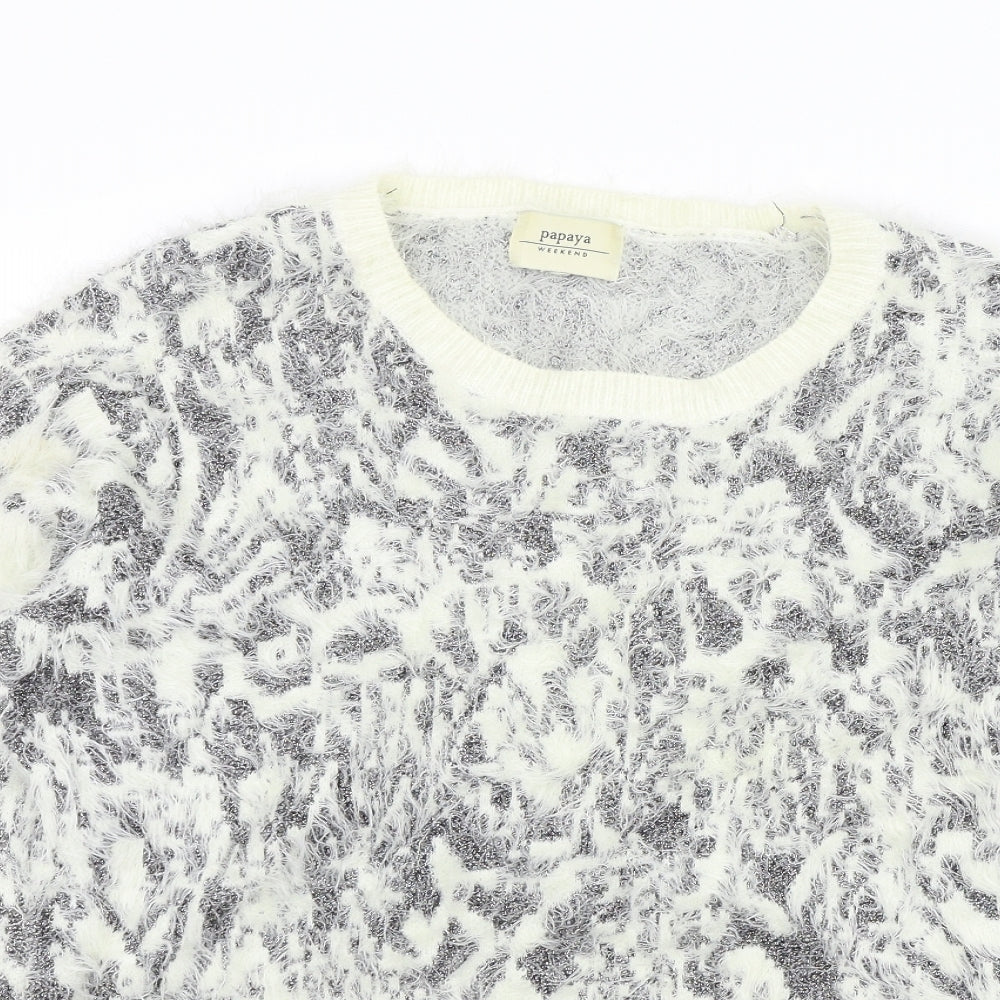 Close-up detail of Papaya women’s beige geometric jumper, size UK 18