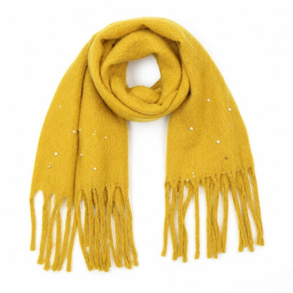 Front view of Preworn unisex yellow shawl/wrap - pearls