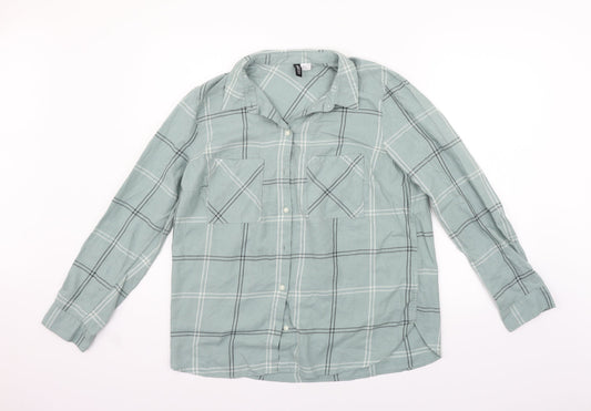 Mens UK Size 14 Divided Green  Button-Up Long Sleeve Casual Shirt