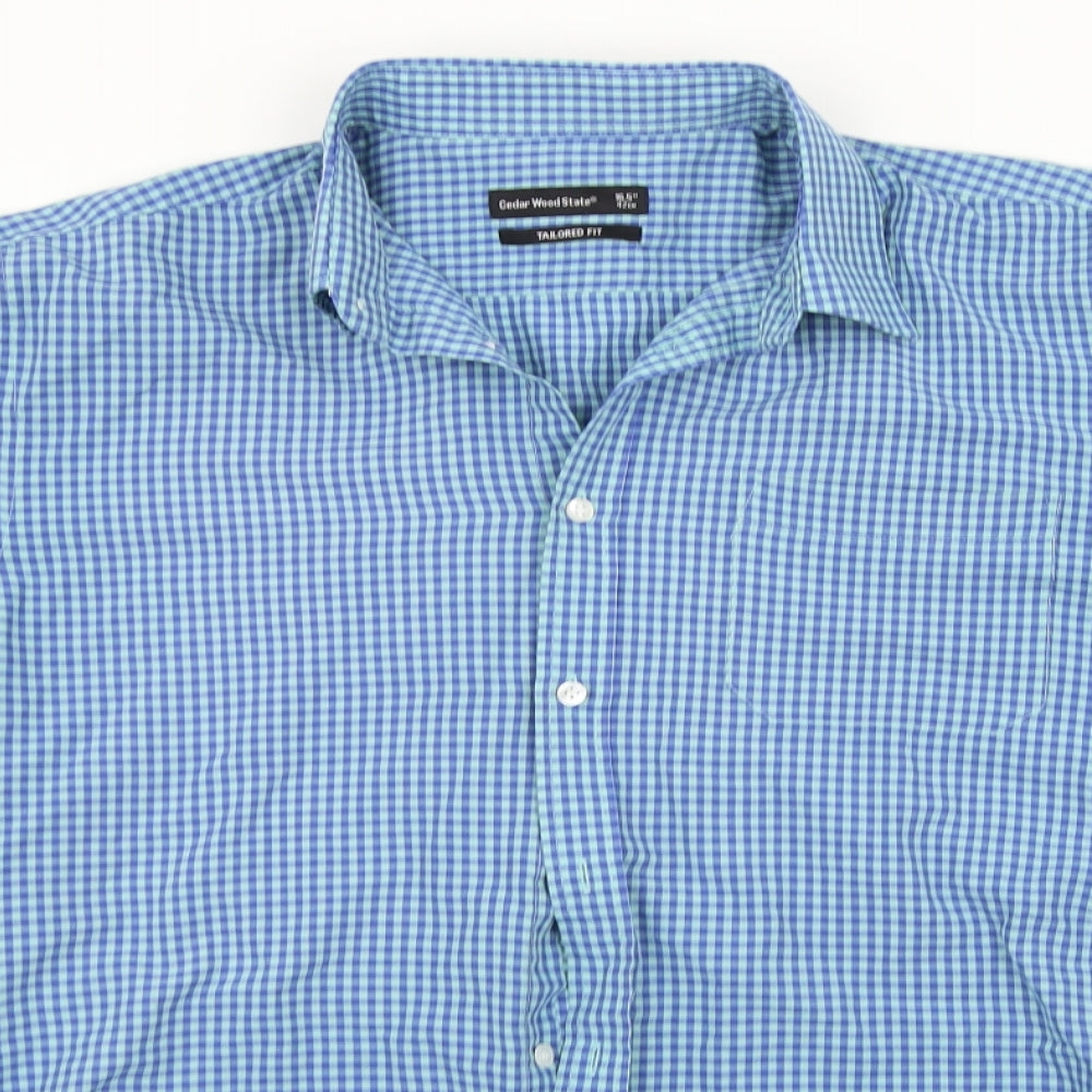Mens UK Size 16.5 Cedar Wood State Blue  Button-Up Short Sleeve Casual Shirt