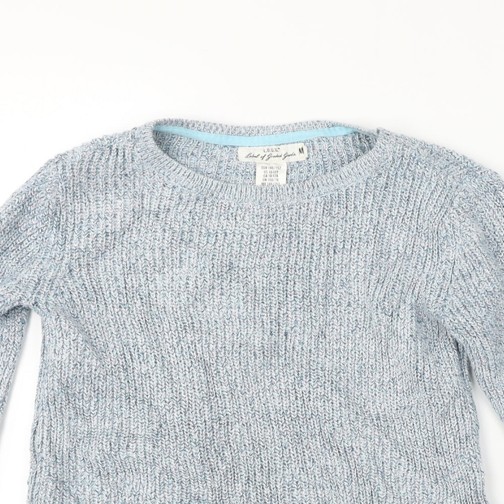 Close-up detail of L.O.G.G women’s blue jumper, size M