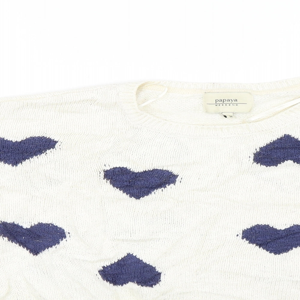 Close-up detail of Papaya women’s white jumper, size M