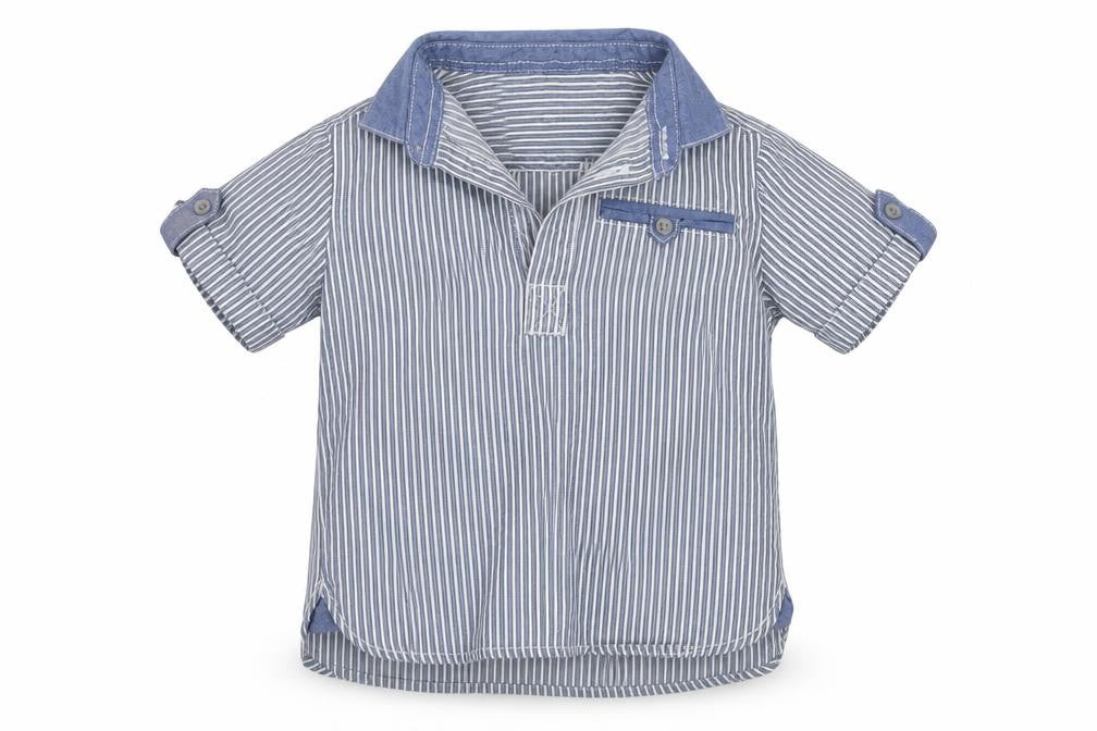 Front view of Little Surf Dude boys’ blue striped basic dress shirt, size 9-12, months