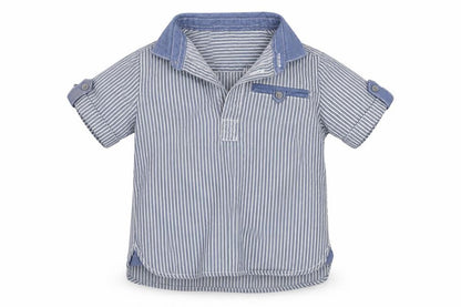 Front view of Little Surf Dude boys’ blue striped basic dress shirt, size 9-12, months