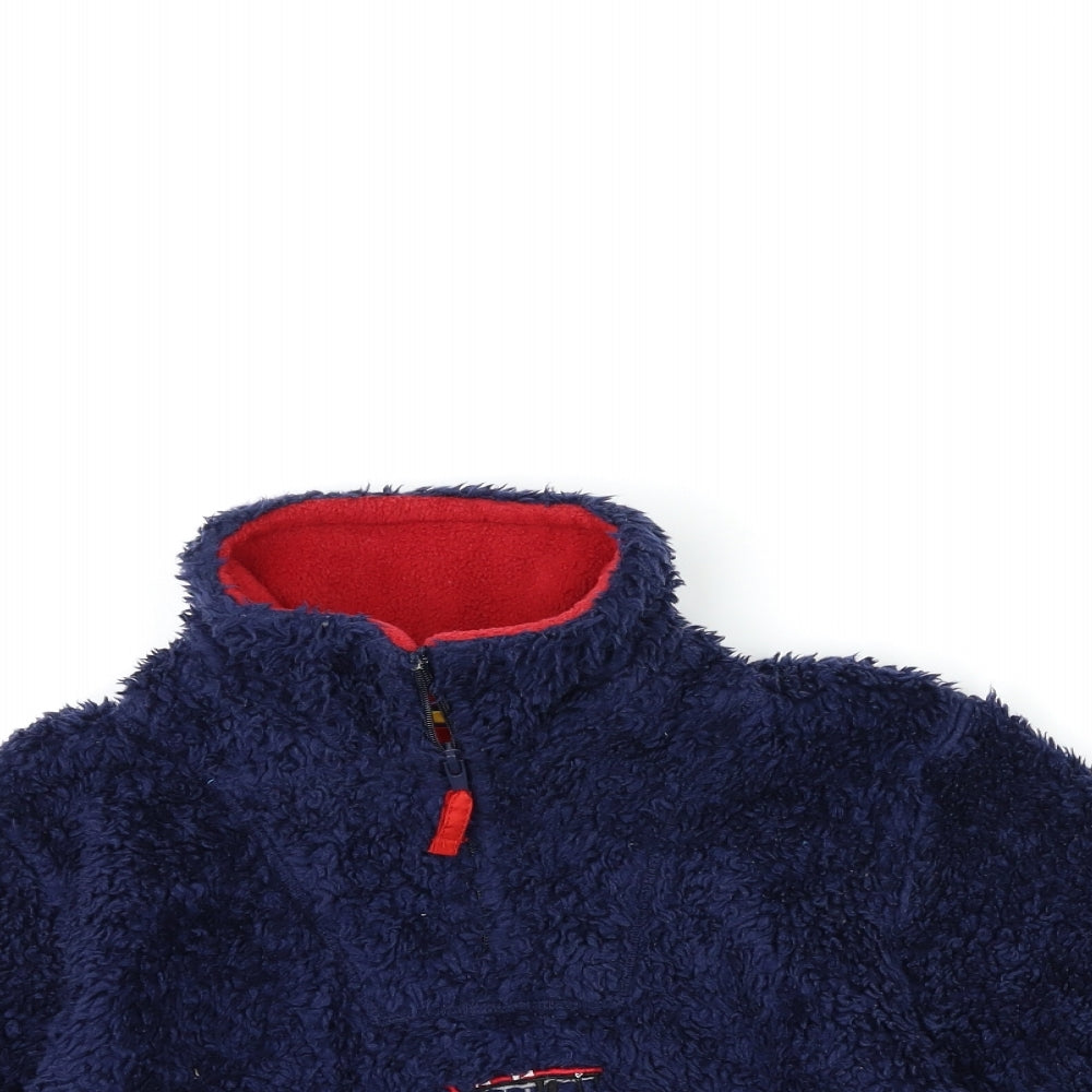 Close-up detail of krazy kidz boys’ blue fleece jacket, size M