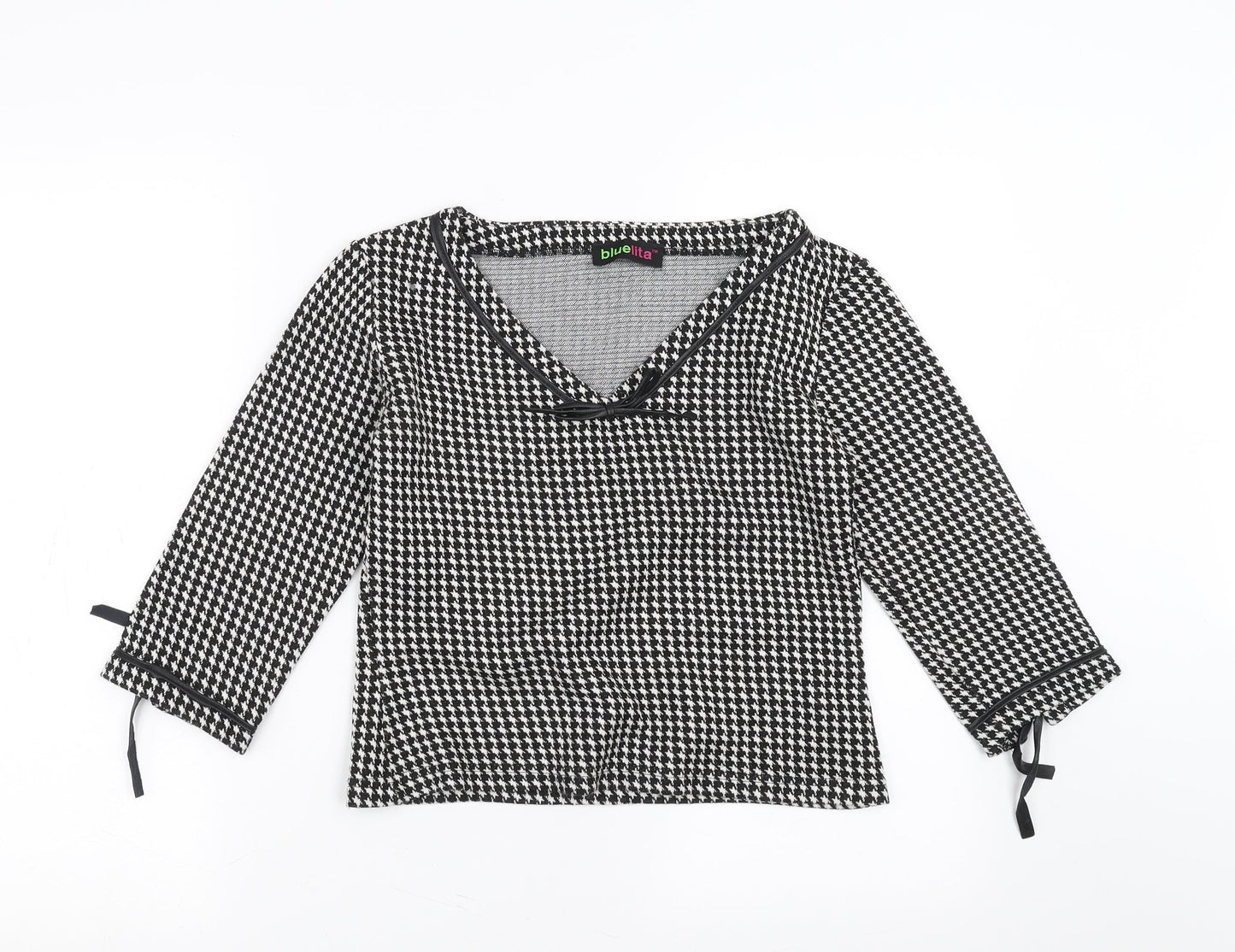 bluelita Womens Black Houndstooth  Pullover Jumper Size 10  - bow detail