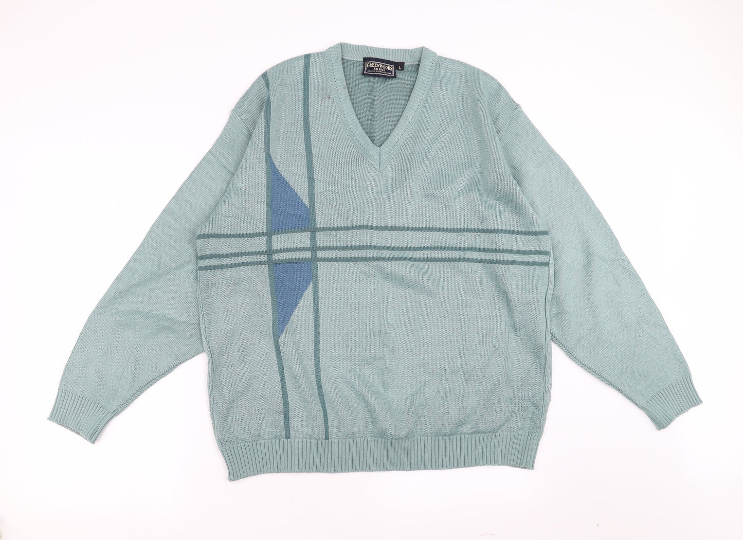 GREENWOODS Mens Green Geometric  Pullover Jumper Size L