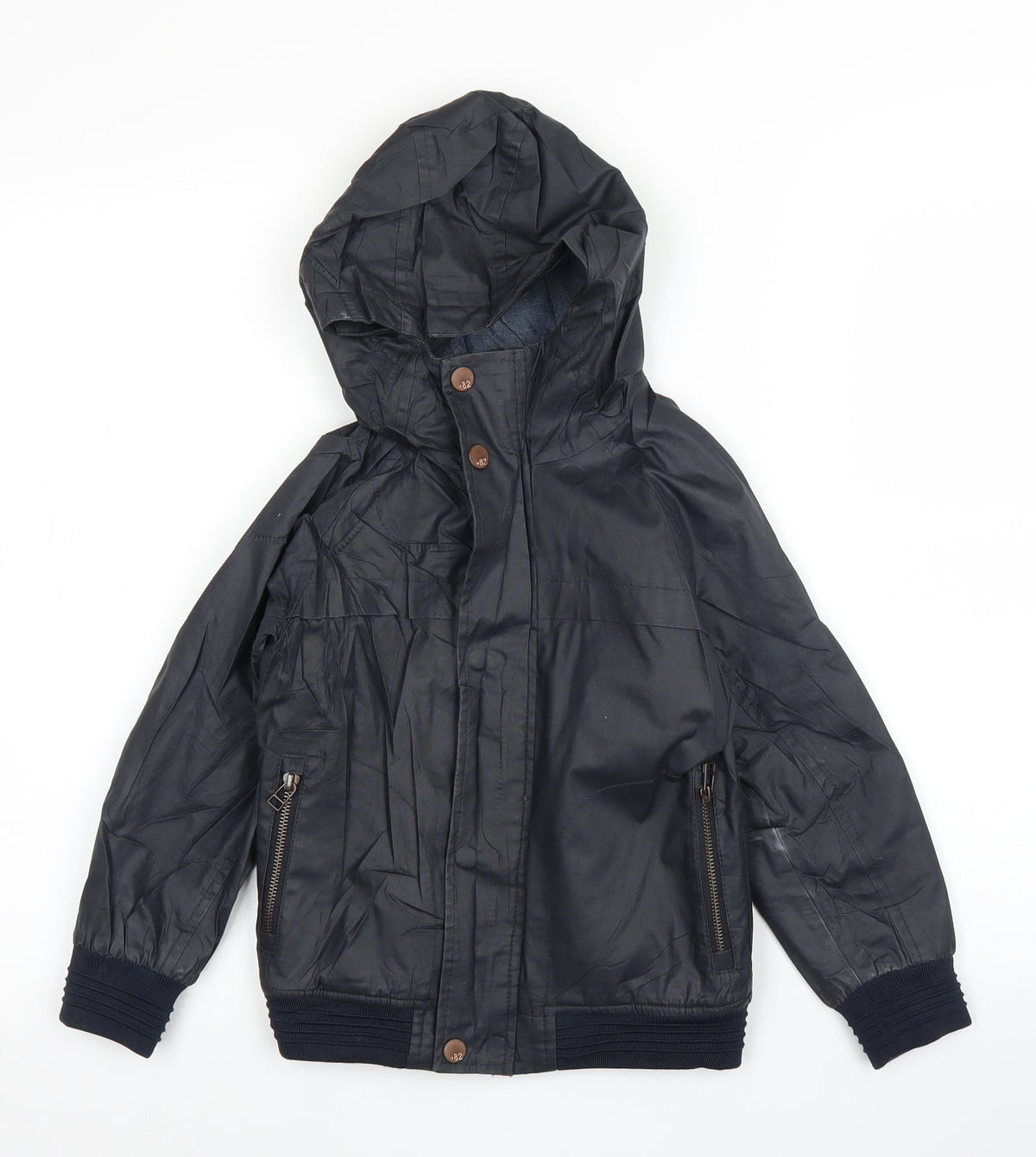 Front view of Next boys’ blue biker coat, size 5, years