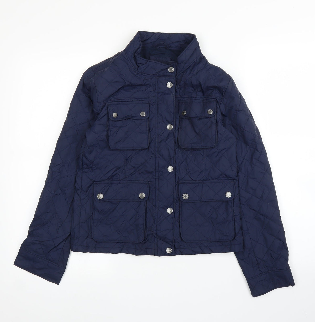 Front view of Gap boys’ blue quilted coat, size 12, years