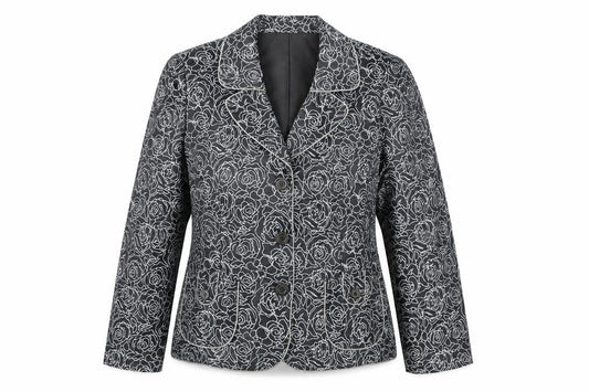 Front view of Oscar B women’s grey floral jacket blazer, size UK 14