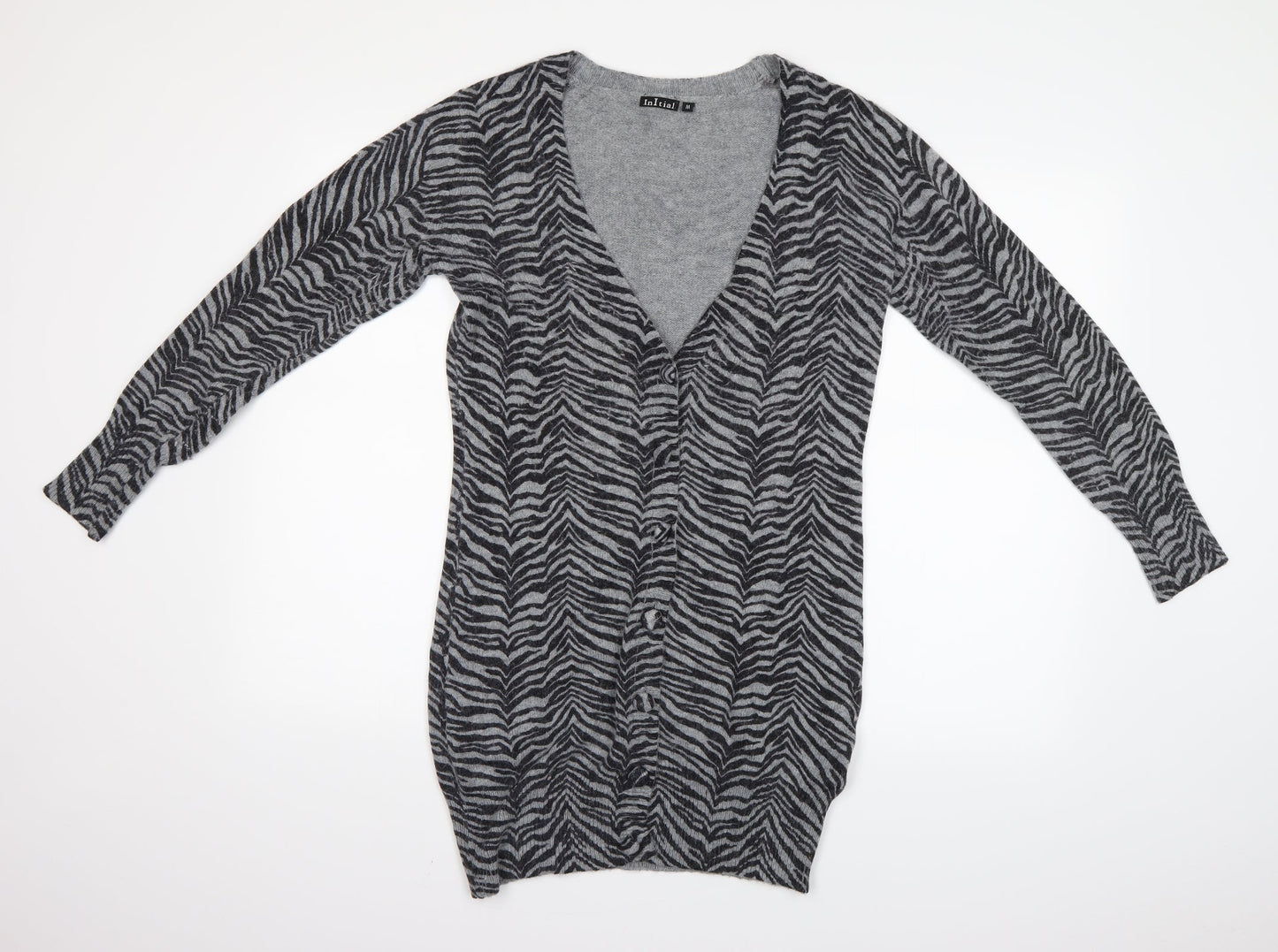 inItial Womens Grey Animal Print  Cardigan Jumper Size M
