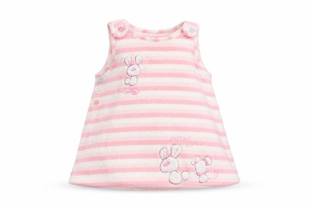 Front view of Next girls’ pink striped a-line, size 0-3, months