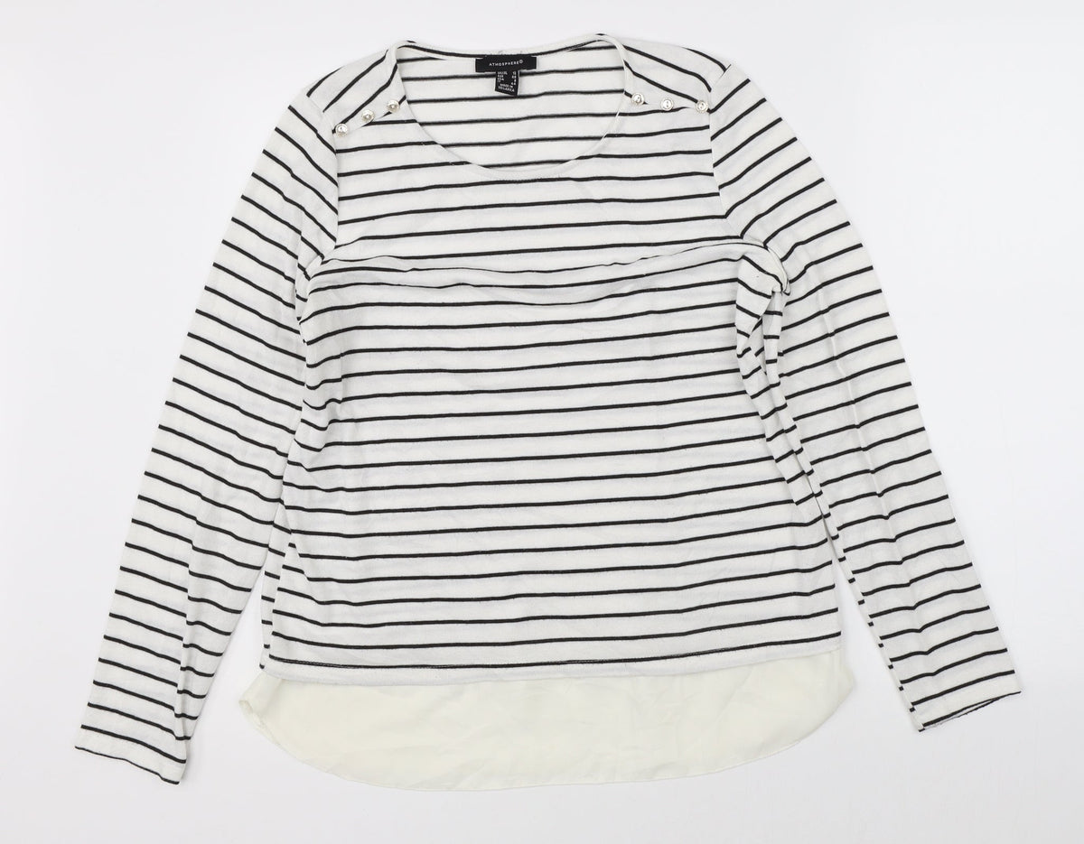 Front view of Atmosphere women’s white striped jumper, size UK 12