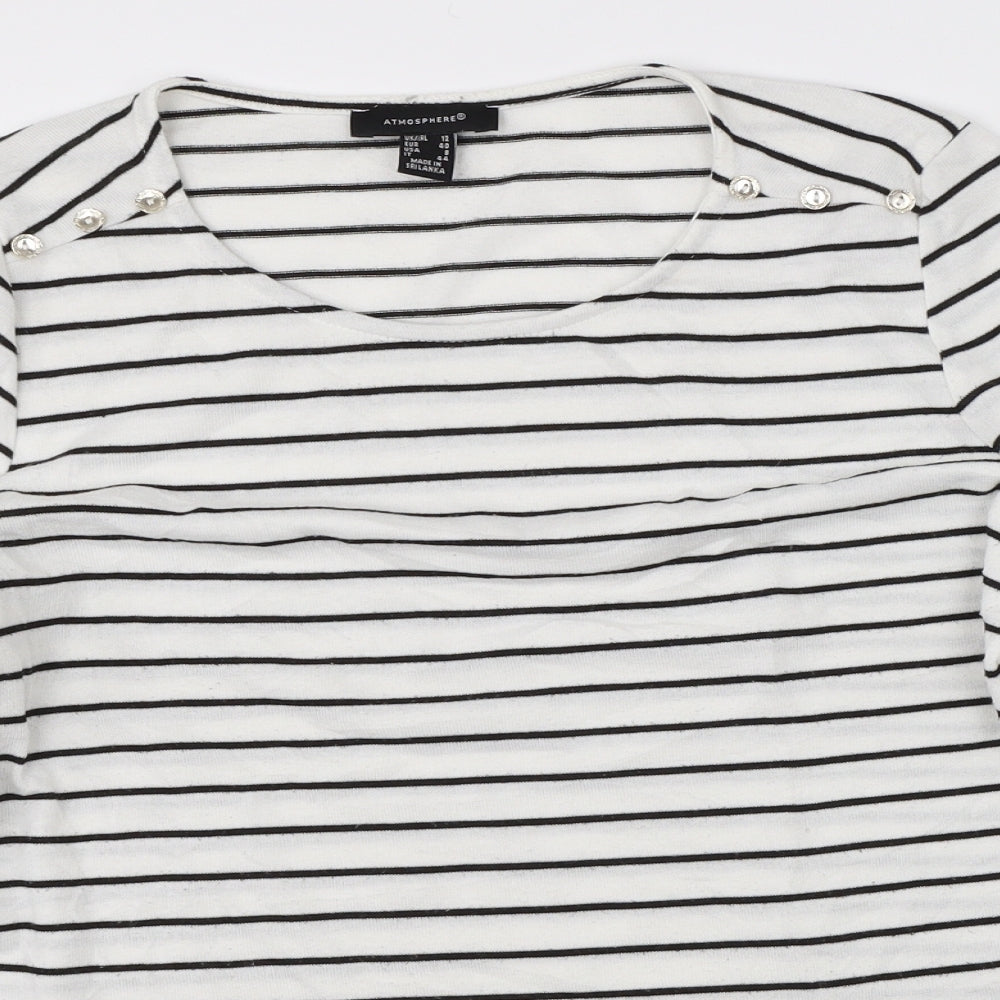 Close-up detail of Atmosphere women’s white striped jumper, size UK 12