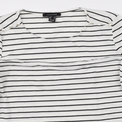 Close-up detail of Atmosphere women’s white striped jumper, size UK 12