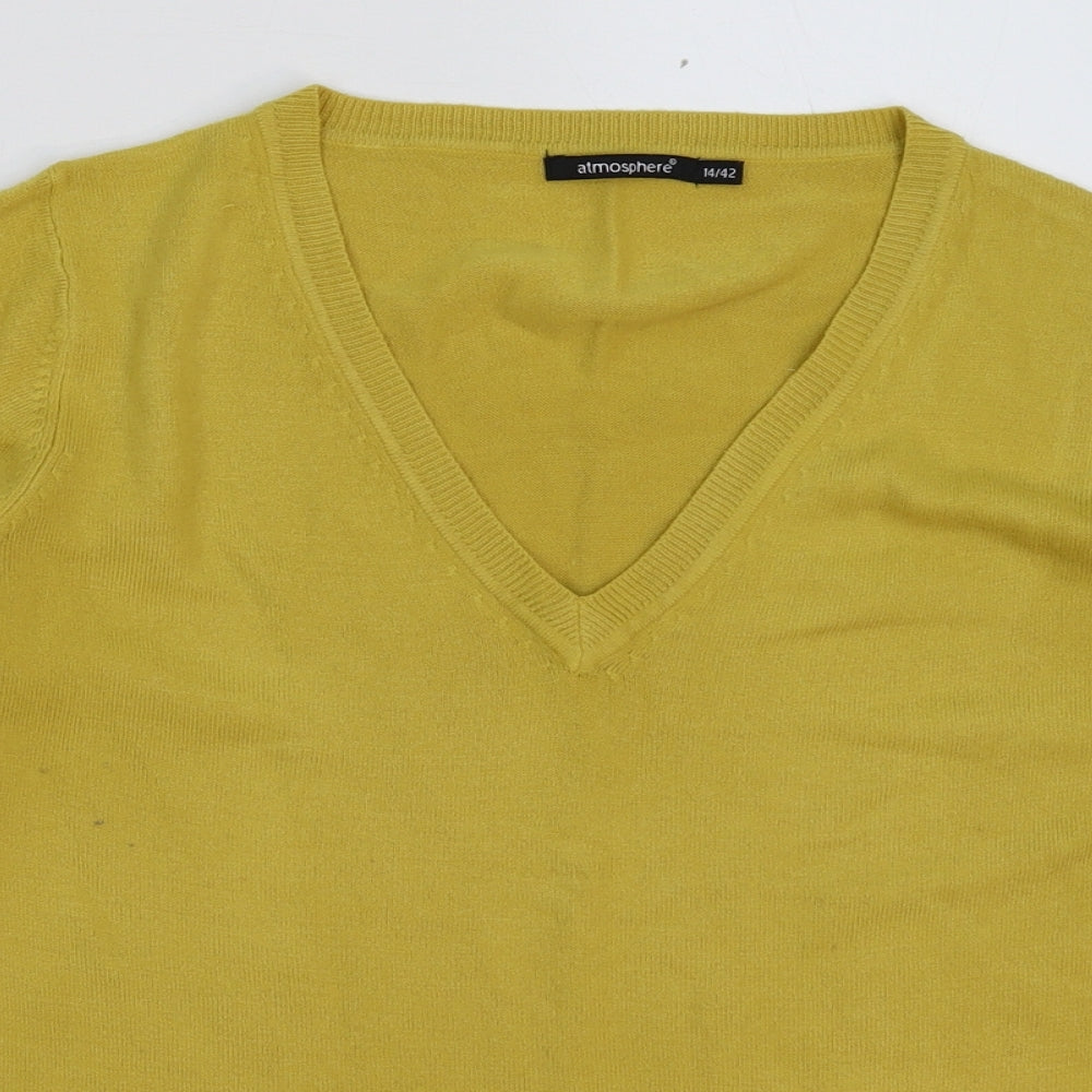 Close-up detail of Atmosphere women’s yellow knit jumper, size UK 14