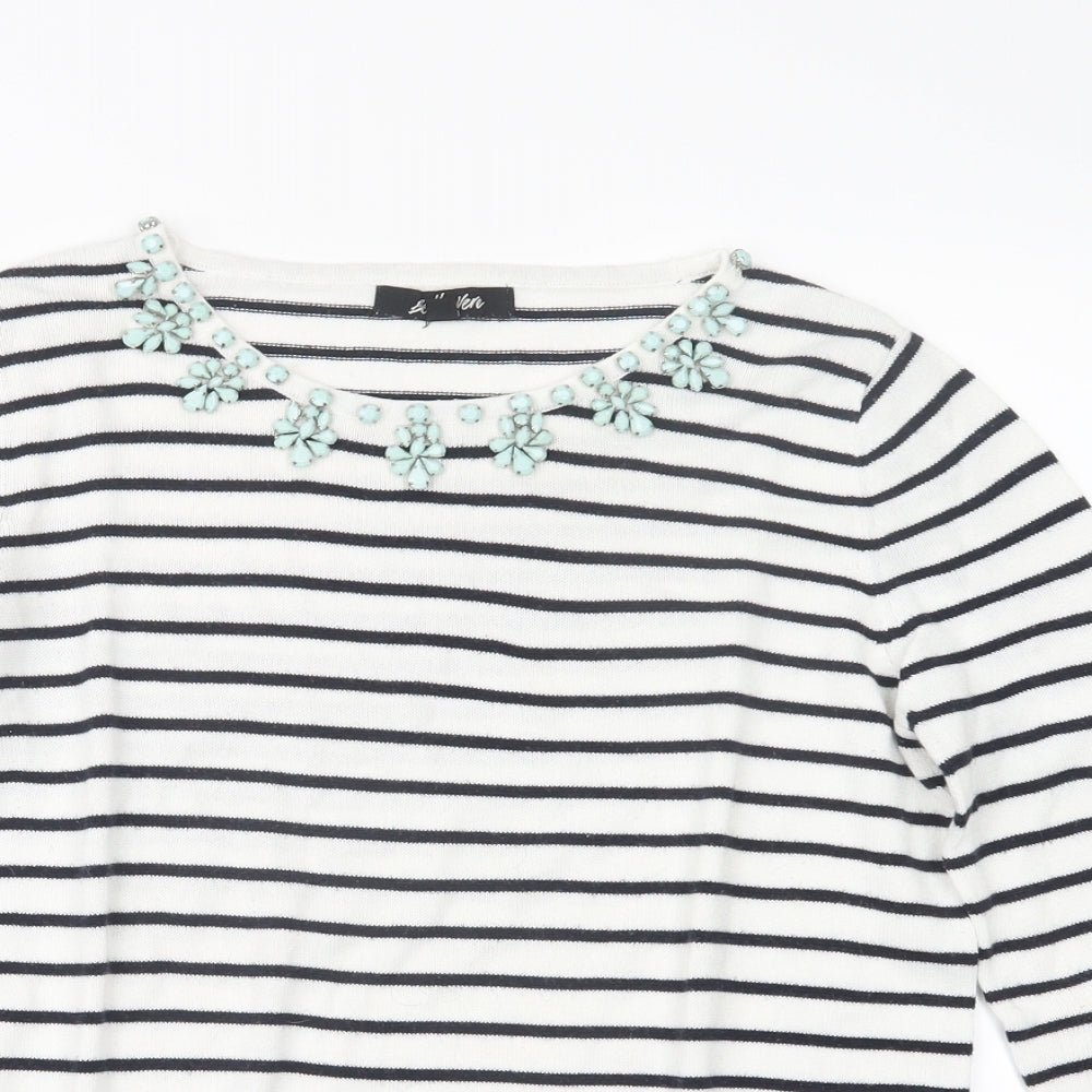 Belle Vere Womens White Striped Knit Pullover Jumper Size 10